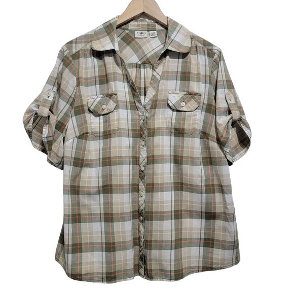 Cato Womens Plaid Shirt Button Front Short Roll Tab Sleeves Size 14/16W - Picture 9 of 9